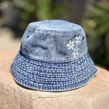Load image into Gallery viewer, Denim Bucket hat — rainbows and daisies
